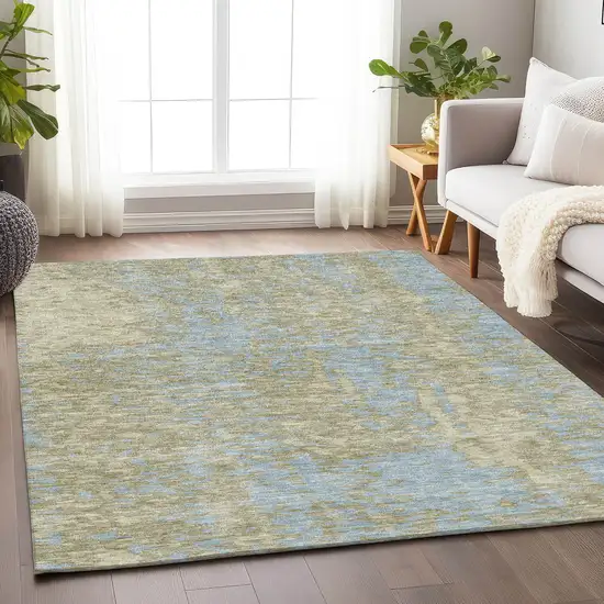 Beige And Blue Abstract Washable Area Rug With UV Protection Photo 4
