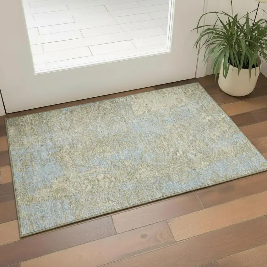 Beige And Blue Abstract Washable Area Rug With UV Protection Photo 2