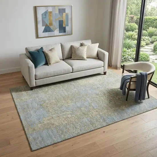 Beige And Blue Abstract Washable Area Rug With UV Protection Photo 1