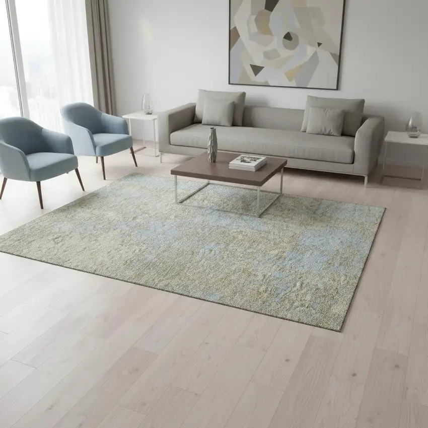 Beige And Blue Abstract Washable Area Rug With UV Protection Photo 2