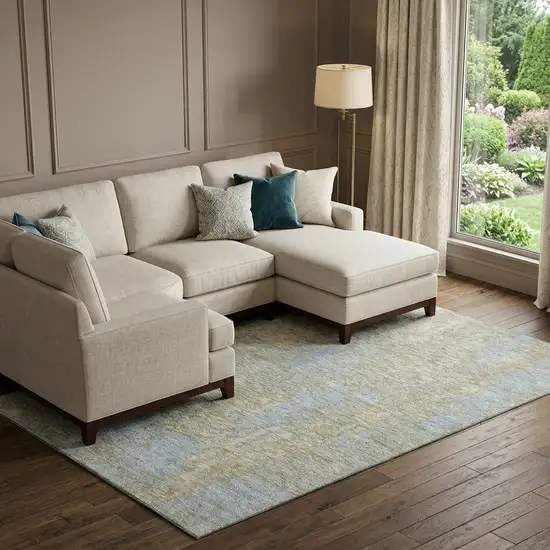 Beige And Blue Abstract Washable Area Rug With UV Protection Photo 1