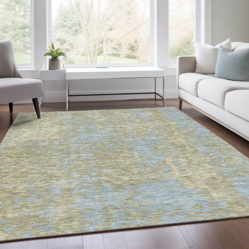 Beige And Blue Abstract Washable Area Rug With UV Protection Photo 5