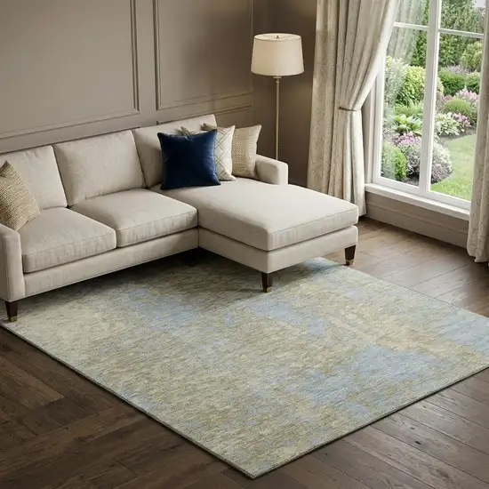 Beige And Blue Abstract Washable Area Rug With UV Protection Photo 1