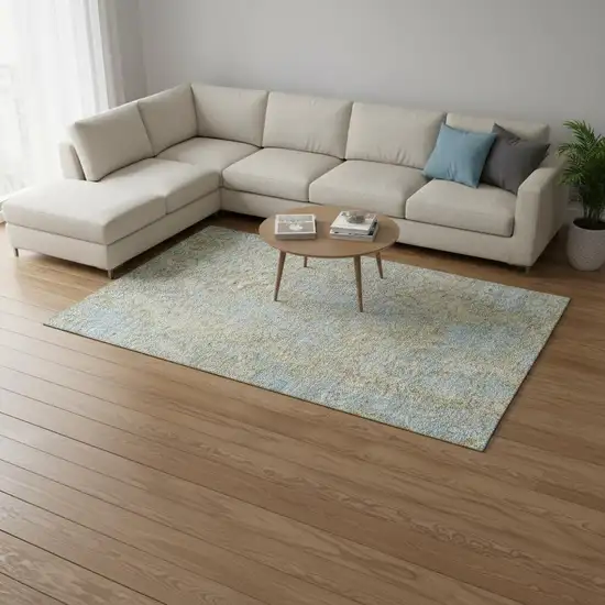 Beige And Blue Abstract Washable Area Rug With UV Protection Photo 2