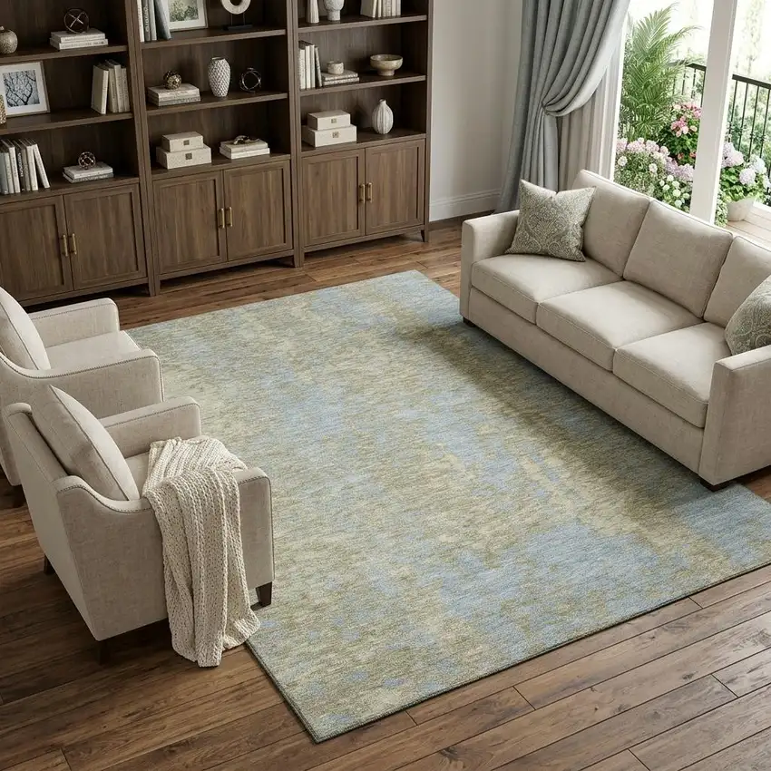 Beige And Blue Abstract Washable Area Rug With UV Protection Photo 1