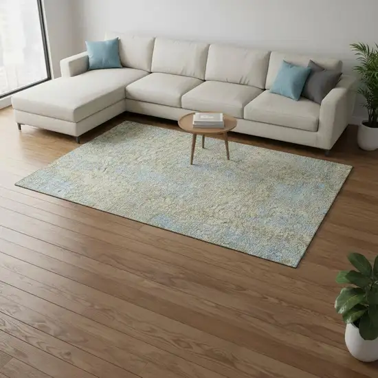 Beige And Blue Abstract Washable Area Rug With UV Protection Photo 2