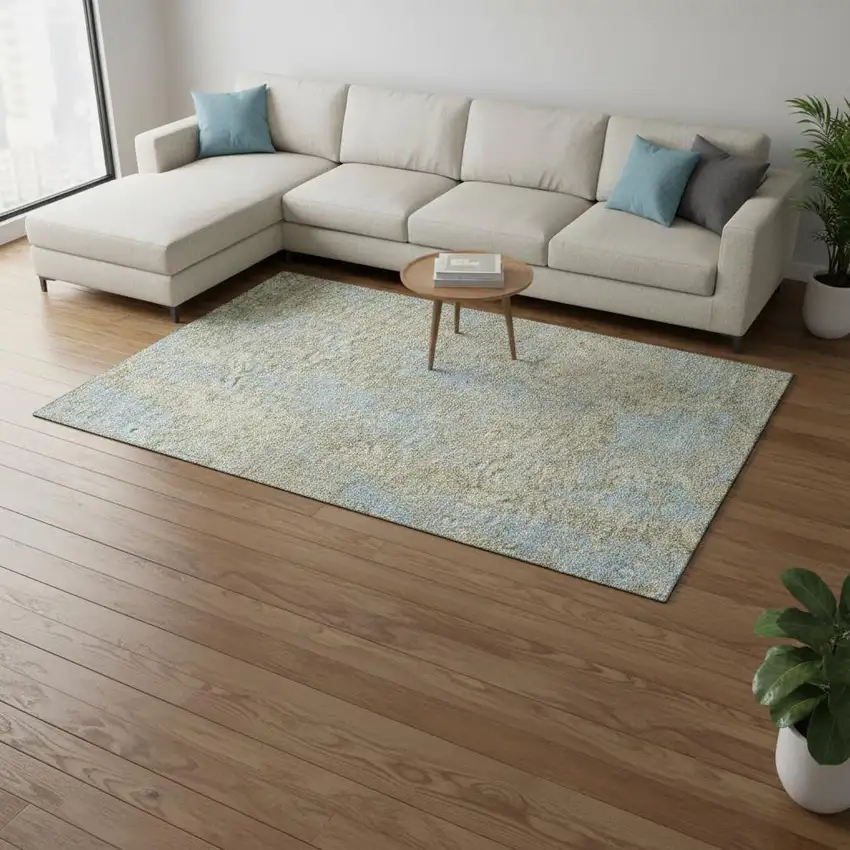 Beige And Blue Abstract Washable Area Rug With UV Protection Photo 2