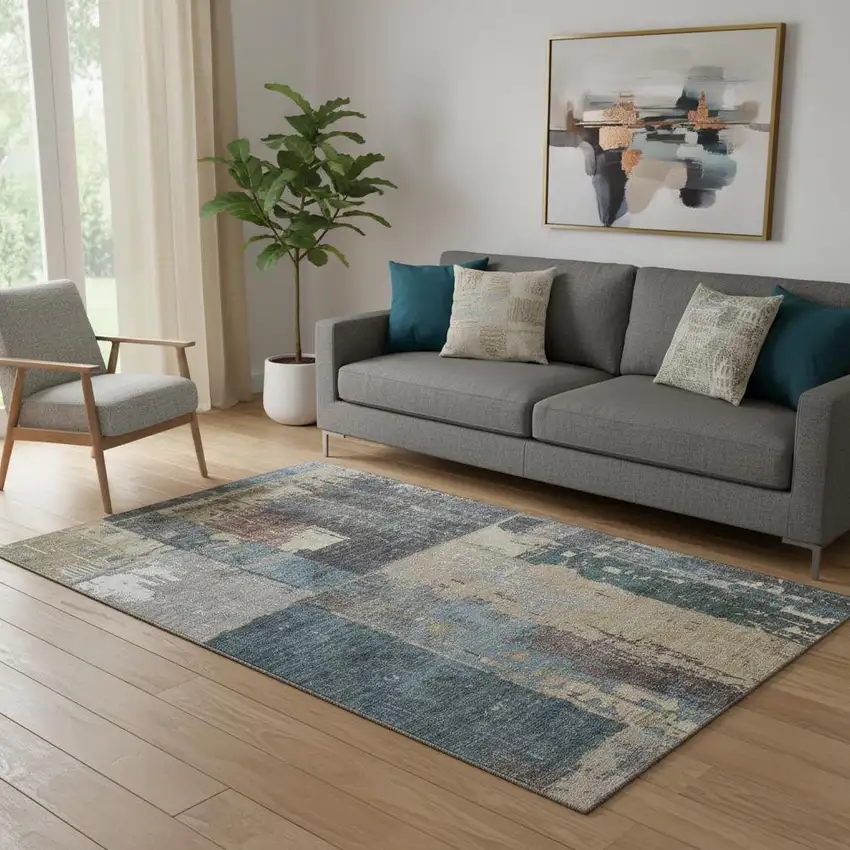 Beige And Blue Abstract Washable Area Rug With UV Protection Photo 2