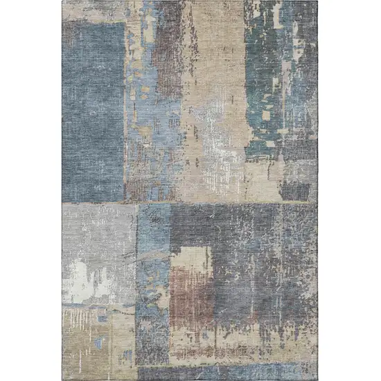 Beige And Blue Abstract Washable Area Rug With UV Protection Photo 3