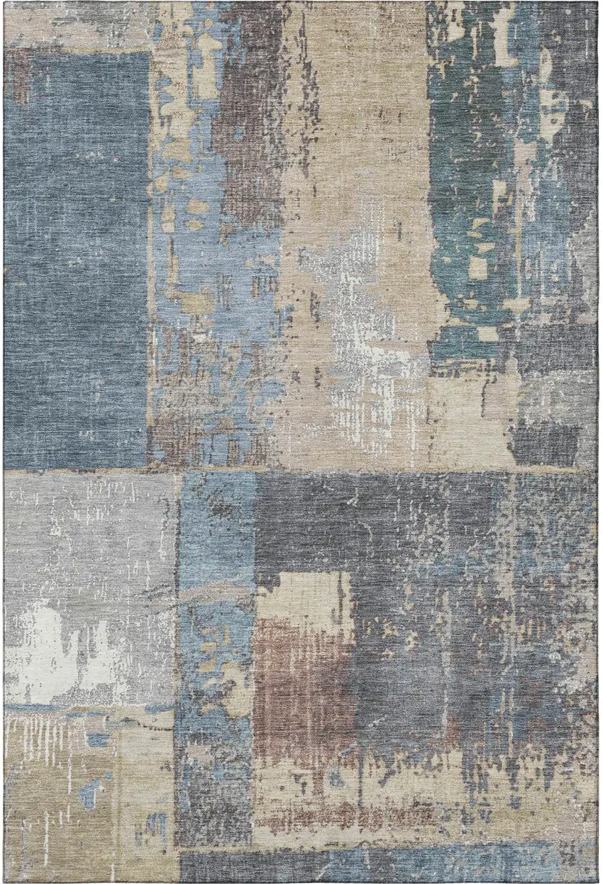Beige And Blue Abstract Washable Area Rug With UV Protection Photo 3