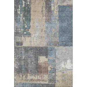 Photo of Beige And Blue Abstract Washable Area Rug With UV Protection