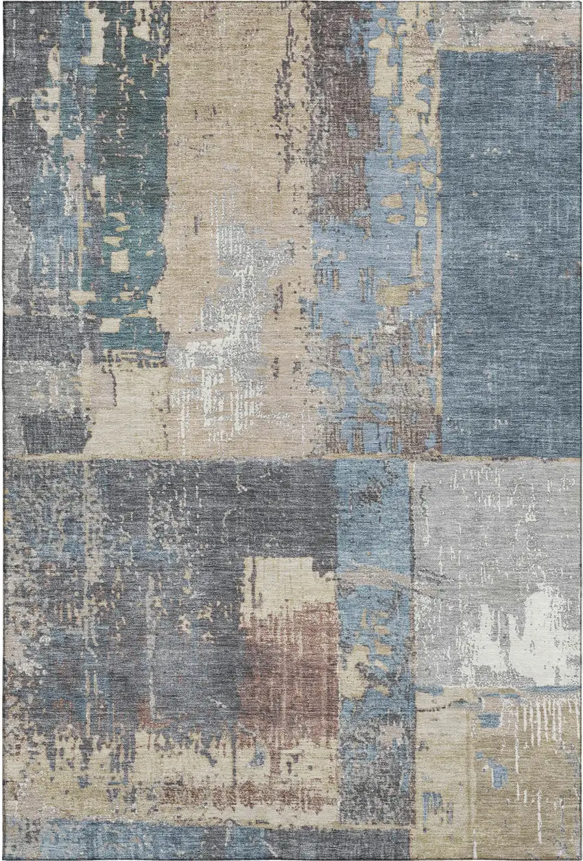 Beige And Blue Abstract Washable Area Rug With UV Protection Photo 1