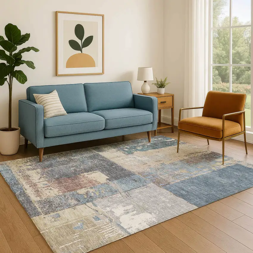 Beige And Blue Abstract Washable Area Rug With UV Protection Photo 6