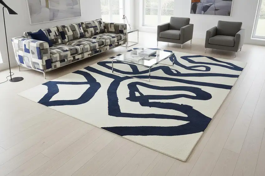 Beige And Blue Abstract Washable Area Rug With UV Protection Photo 1