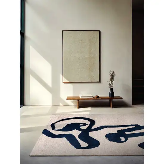 Beige And Blue Abstract Washable Area Rug With UV Protection Photo 2