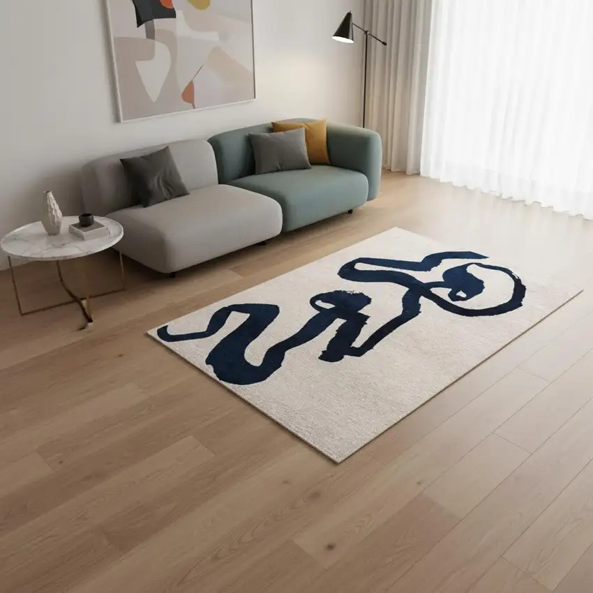 Beige And Blue Abstract Washable Area Rug With UV Protection Photo 1