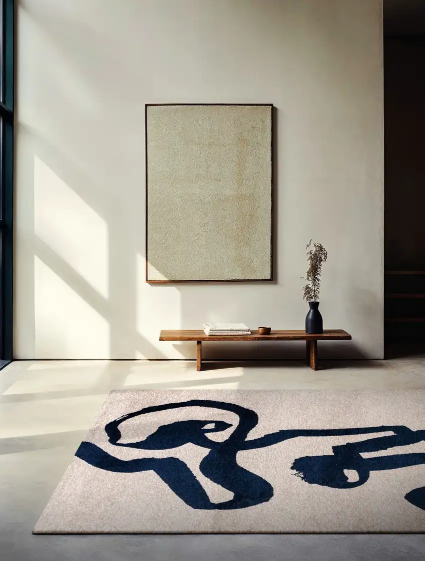 Beige And Blue Abstract Washable Area Rug With UV Protection Photo 5