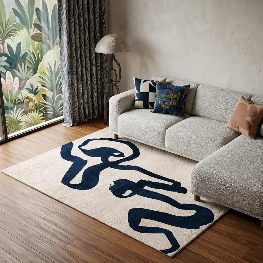 Beige And Blue Abstract Washable Area Rug With UV Protection Photo 1