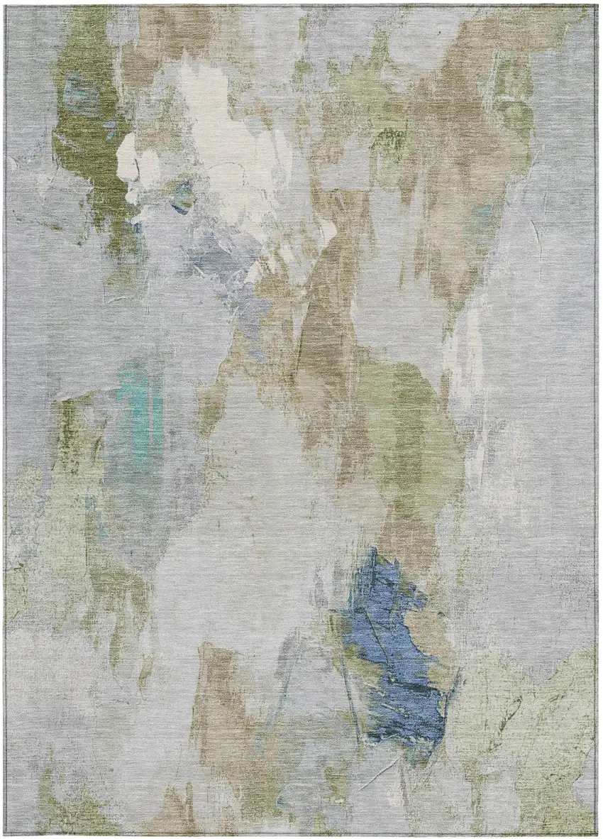 Beige And Blue Abstract Washable Indoor Outdoor Area Rug Photo 9