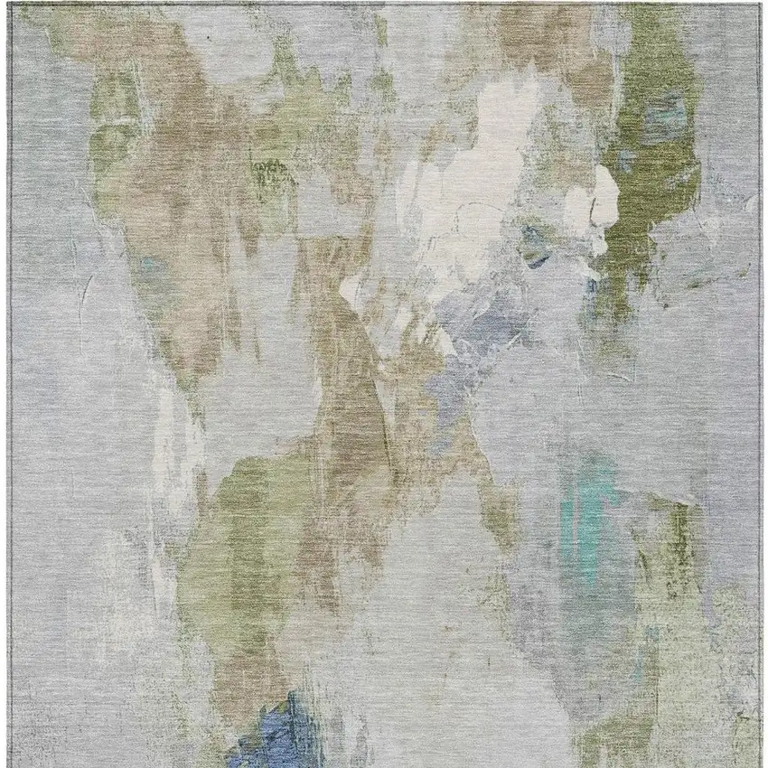 Beige And Blue Abstract Washable Indoor Outdoor Area Rug Photo 4
