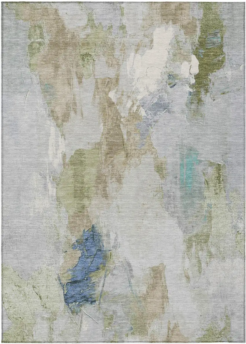 Beige And Blue Abstract Washable Indoor Outdoor Area Rug Photo 1