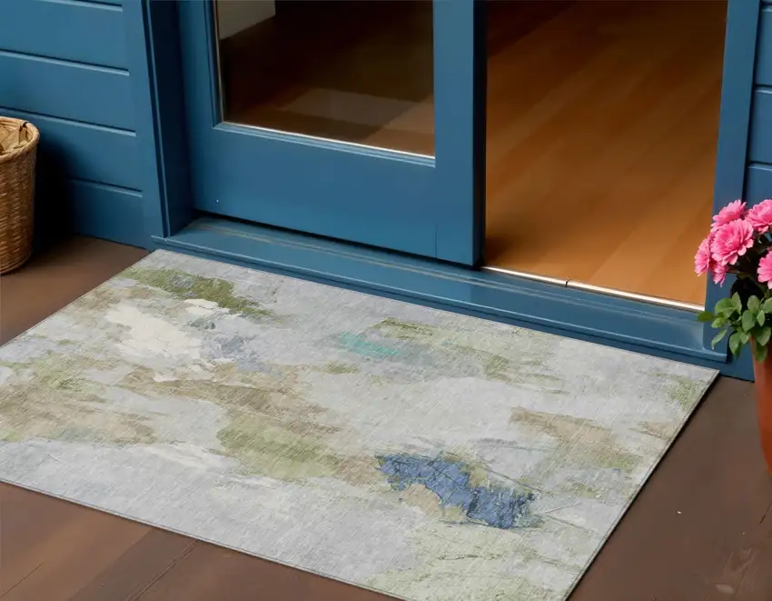 Beige And Blue Abstract Washable Indoor Outdoor Area Rug Photo 2