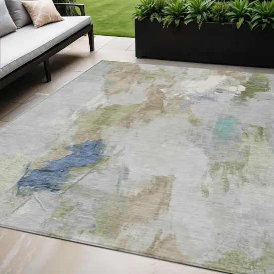 Beige And Blue Abstract Washable Indoor Outdoor Area Rug Photo 2