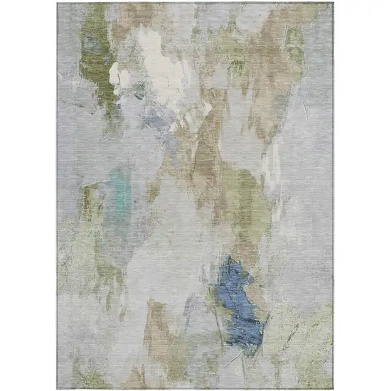 Beige And Blue Abstract Washable Indoor Outdoor Area Rug Photo 9