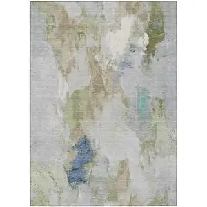 Photo of Beige And Blue Abstract Washable Indoor Outdoor Area Rug