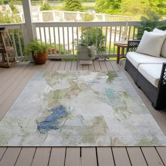 Beige And Blue Abstract Washable Indoor Outdoor Area Rug Photo 8
