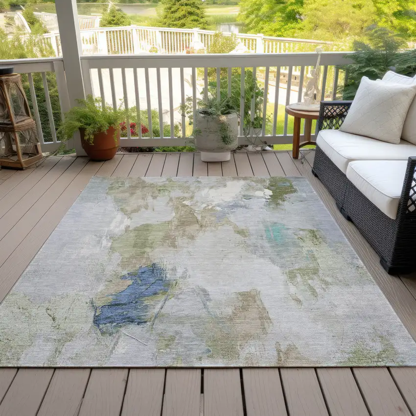 Beige And Blue Abstract Washable Indoor Outdoor Area Rug Photo 7