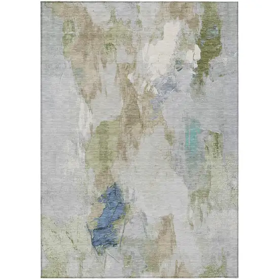 Beige And Blue Abstract Washable Indoor Outdoor Area Rug Photo 1