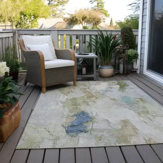 Beige And Blue Abstract Washable Indoor Outdoor Area Rug Photo 5