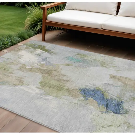 Beige And Blue Abstract Washable Indoor Outdoor Area Rug Photo 2