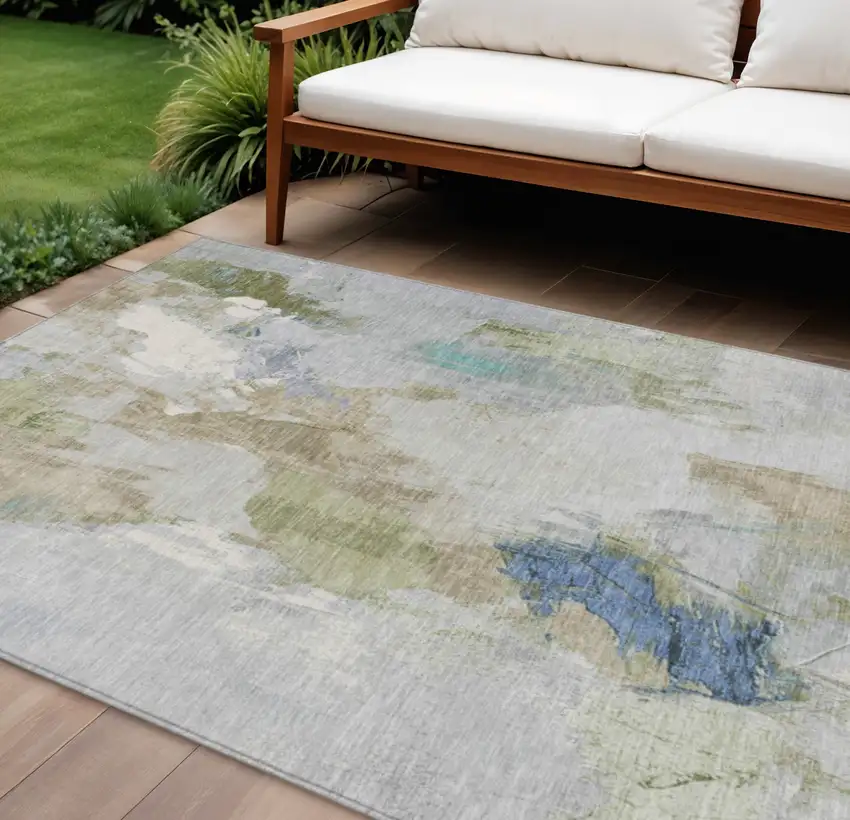 Beige And Blue Abstract Washable Indoor Outdoor Area Rug Photo 2