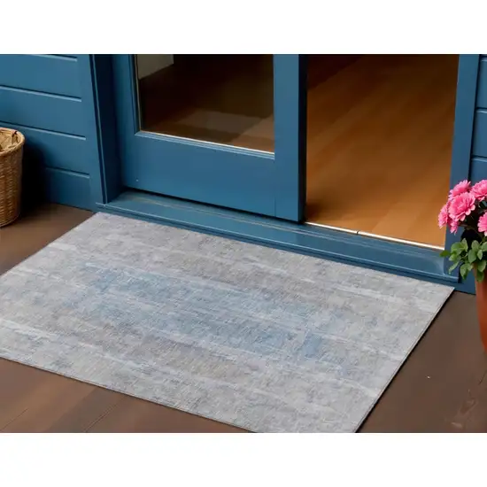 Beige And Blue Abstract Washable Indoor Outdoor Area Rug Photo 1