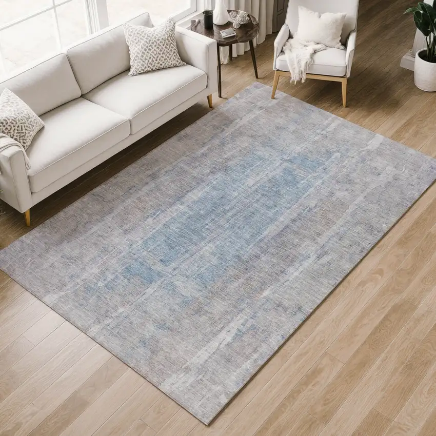 Beige And Blue Abstract Washable Indoor Outdoor Area Rug Photo 9