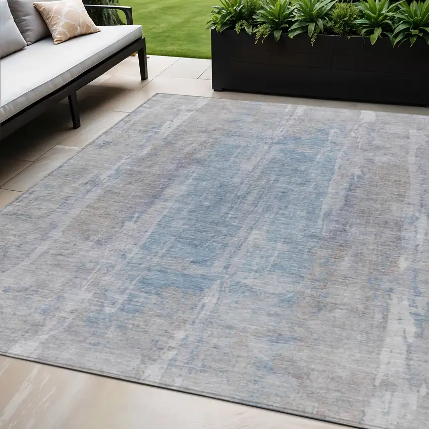 Beige And Blue Abstract Washable Indoor Outdoor Area Rug Photo 1