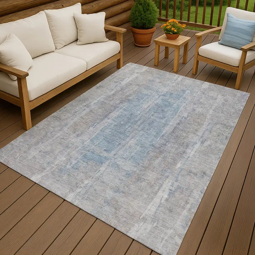 Beige And Blue Abstract Washable Indoor Outdoor Area Rug Photo 9