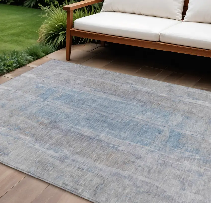 Beige And Blue Abstract Washable Indoor Outdoor Area Rug Photo 1