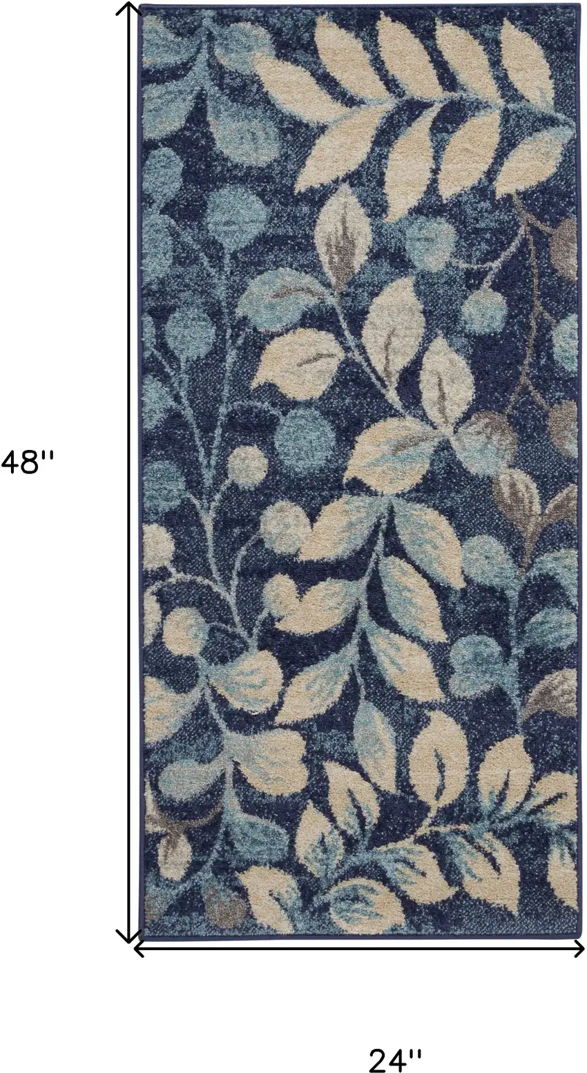 Beige And Blue Botanical Leaves Area Rug Photo 3