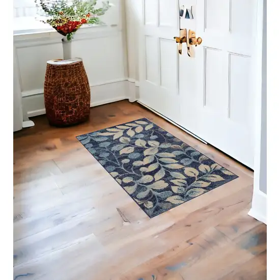 Beige And Blue Botanical Leaves Area Rug Photo 1