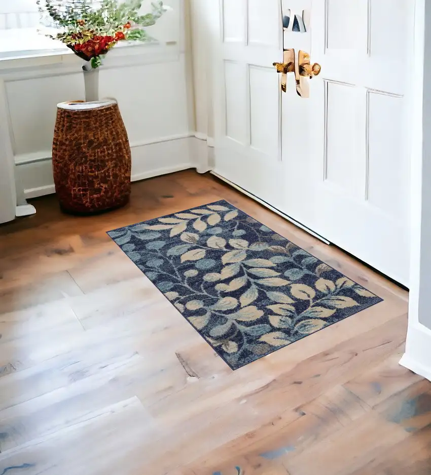 Beige And Blue Botanical Leaves Area Rug Photo 1