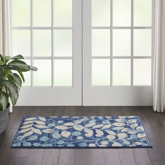 Beige And Blue Botanical Leaves Area Rug Photo 5