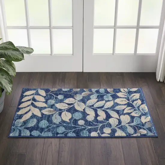 Beige And Blue Botanical Leaves Area Rug Photo 6