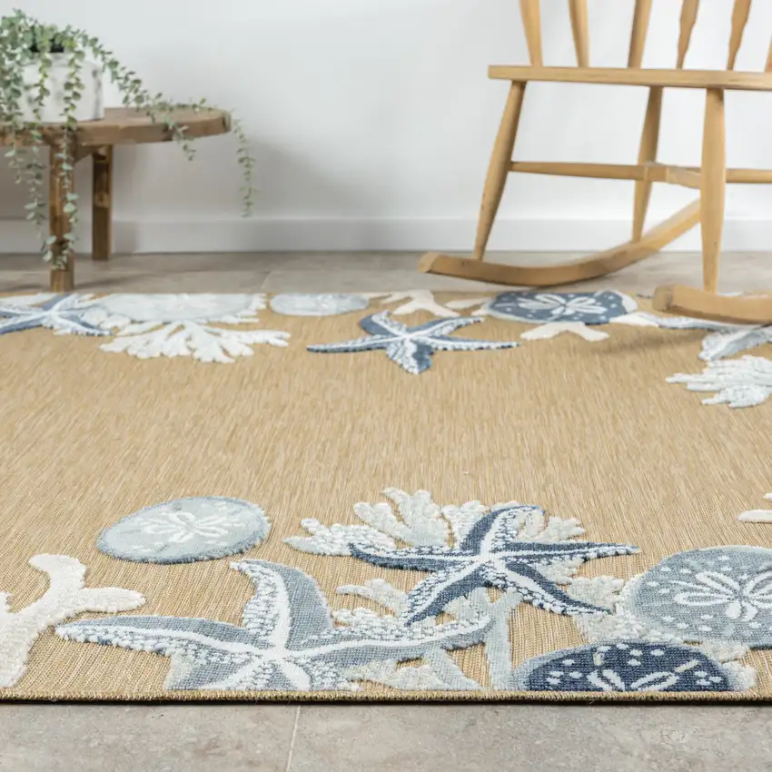 Beige And Blue Coral Area Rug Photo 5