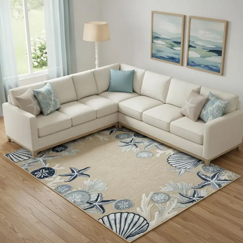 Beige And Blue Coral Area Rug Photo 1