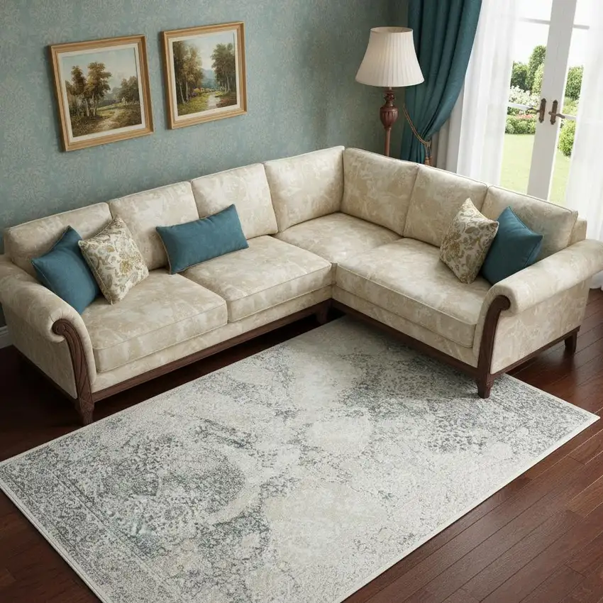 Beige And Blue Damask Area Rug Photo 1
