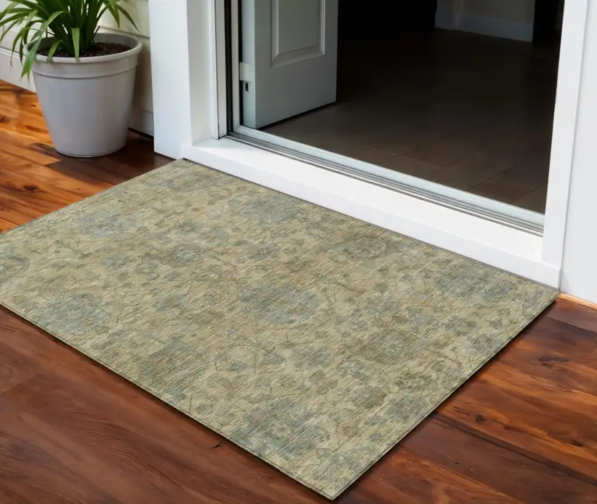 Beige And Blue Damask Washable Indoor Outdoor Area Rug Photo 1