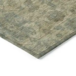 Photo of Beige And Blue Damask Washable Indoor Outdoor Area Rug